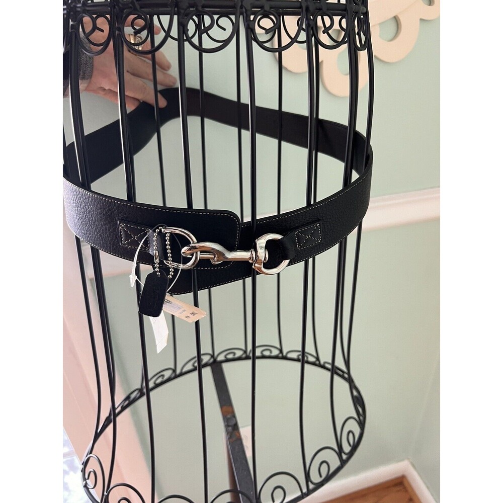 COACH dog Leash Belt Italy Leather Black Coach Tag NWT‎ cross Grain White Trim M
